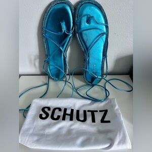 NWT SCHUTZ Metallic Blue Crystal Embellished Metallic Ankle Strappy Sandals